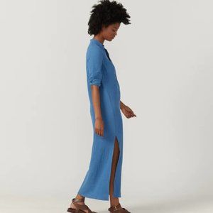 NEW Bird & Knoll Cotton long sleeve maxi shirt dress with leg slit blue